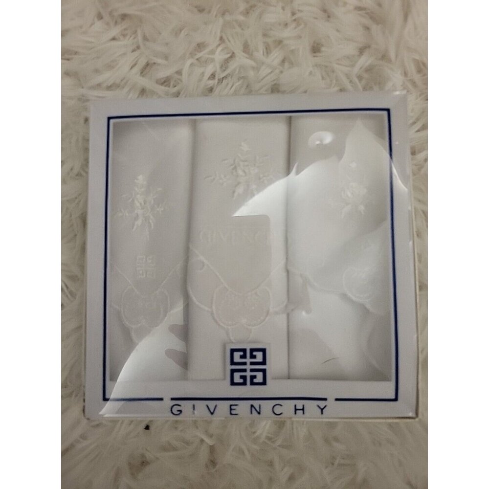 Vintage  Givenchy Boxed Set of Three Hankies Never Used Embroidered